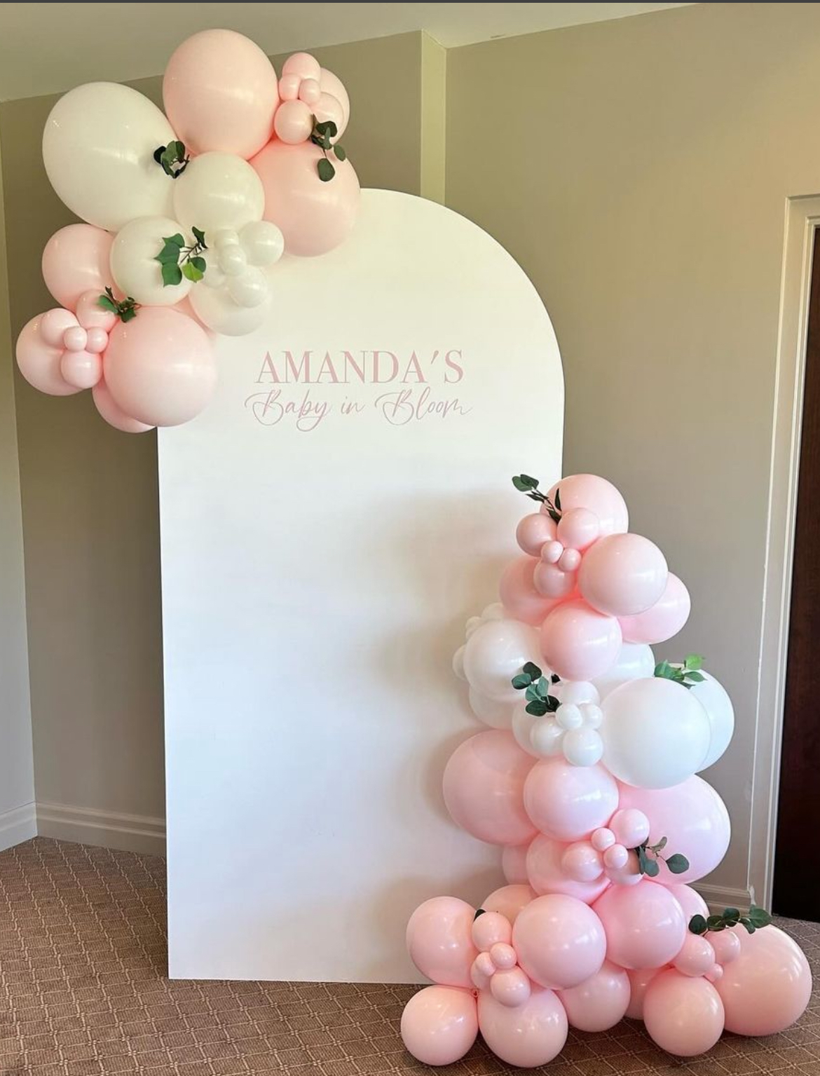 White Arch, 7ft Balloons, Custom Decal, Greenery