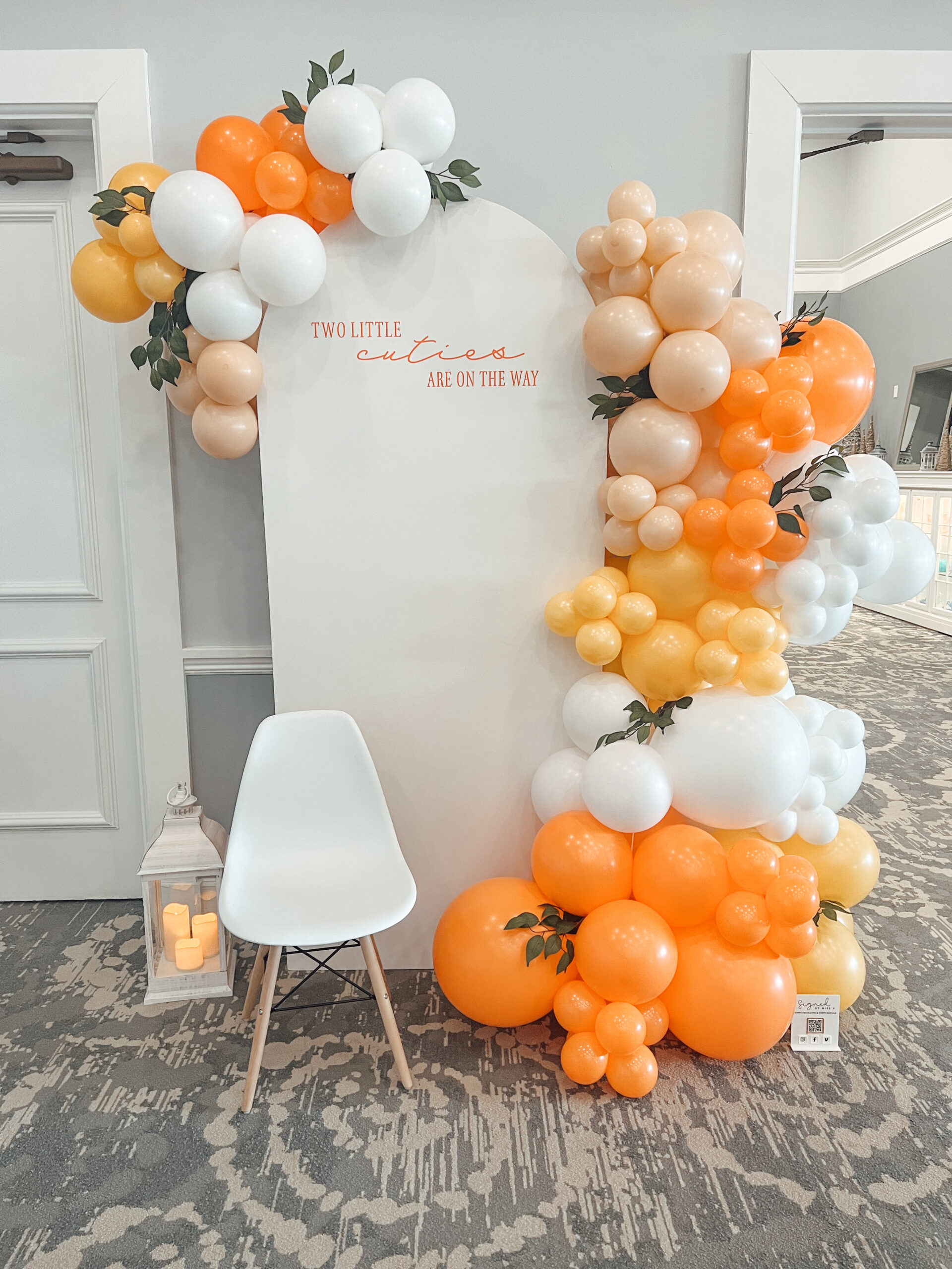 White Arch, 11ft Balloons, Custom Decal, Greenery, Chair, Lantern