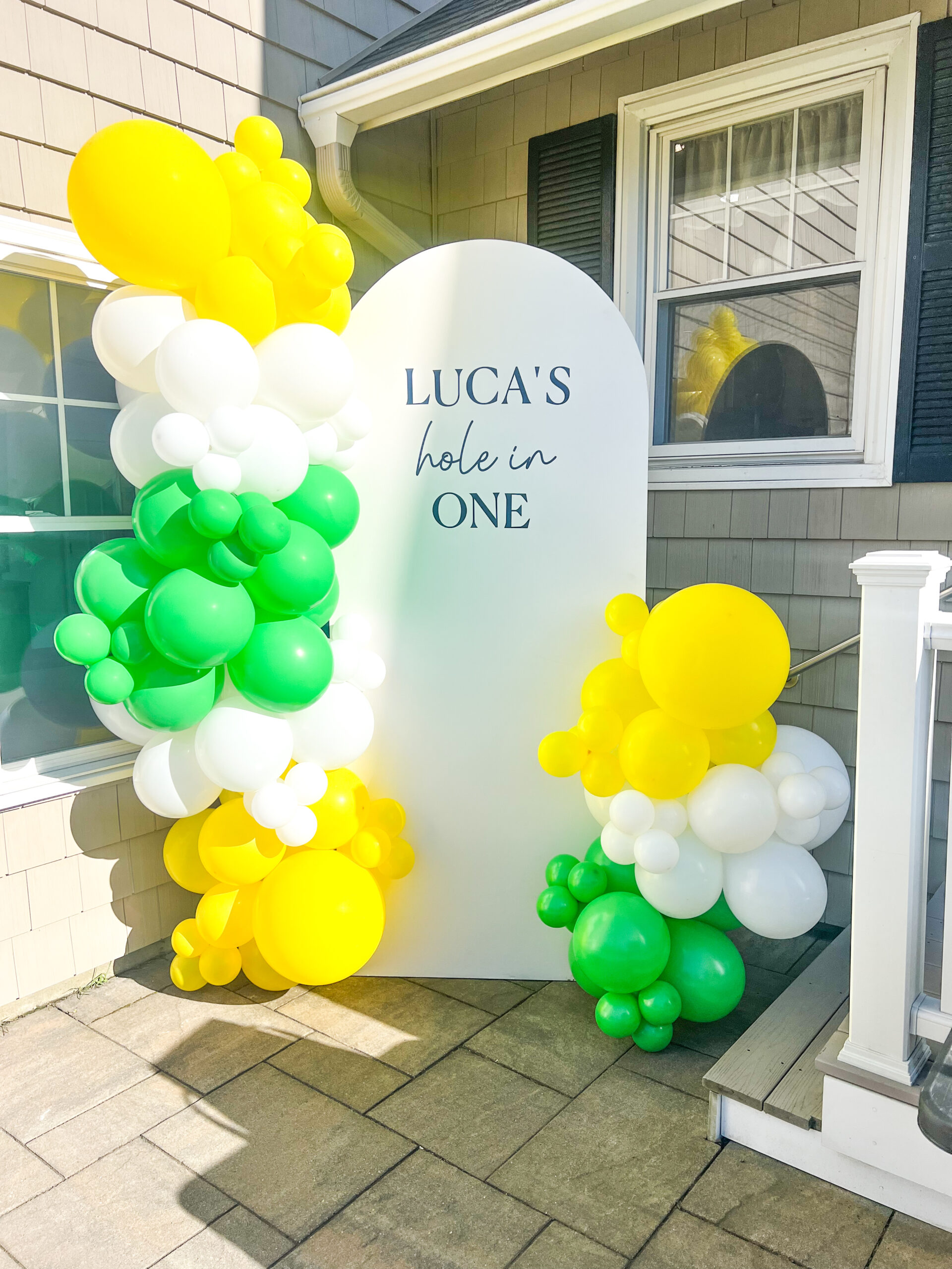 White Arch, 11ft Balloons, Custom Decal